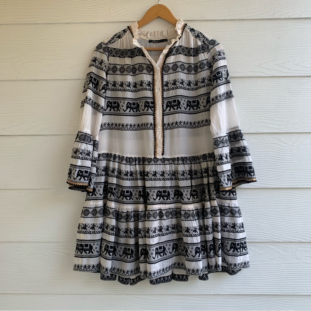 Devotion Ella mini tunic dress size m elephant print tiered bell sleeve v neck